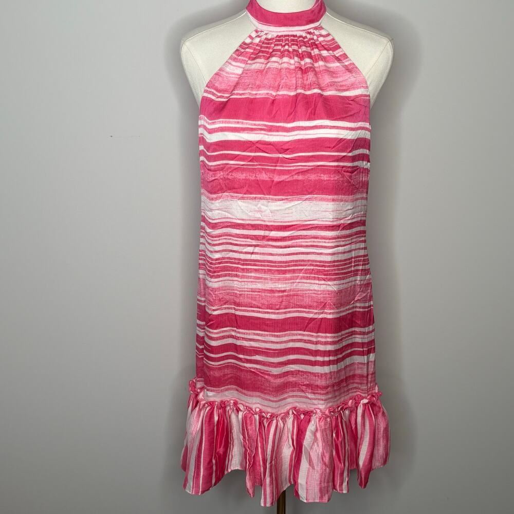 Trina Trina Turk Zuri 2 Pink Striped Small Sleeveless Mini Dress Ruffled Hem